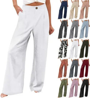 Linen Palazzo Pants for Women Casual Striped Linen Pants High Waisted Wide Leg Pants with Pockets Summer Beach Trousers