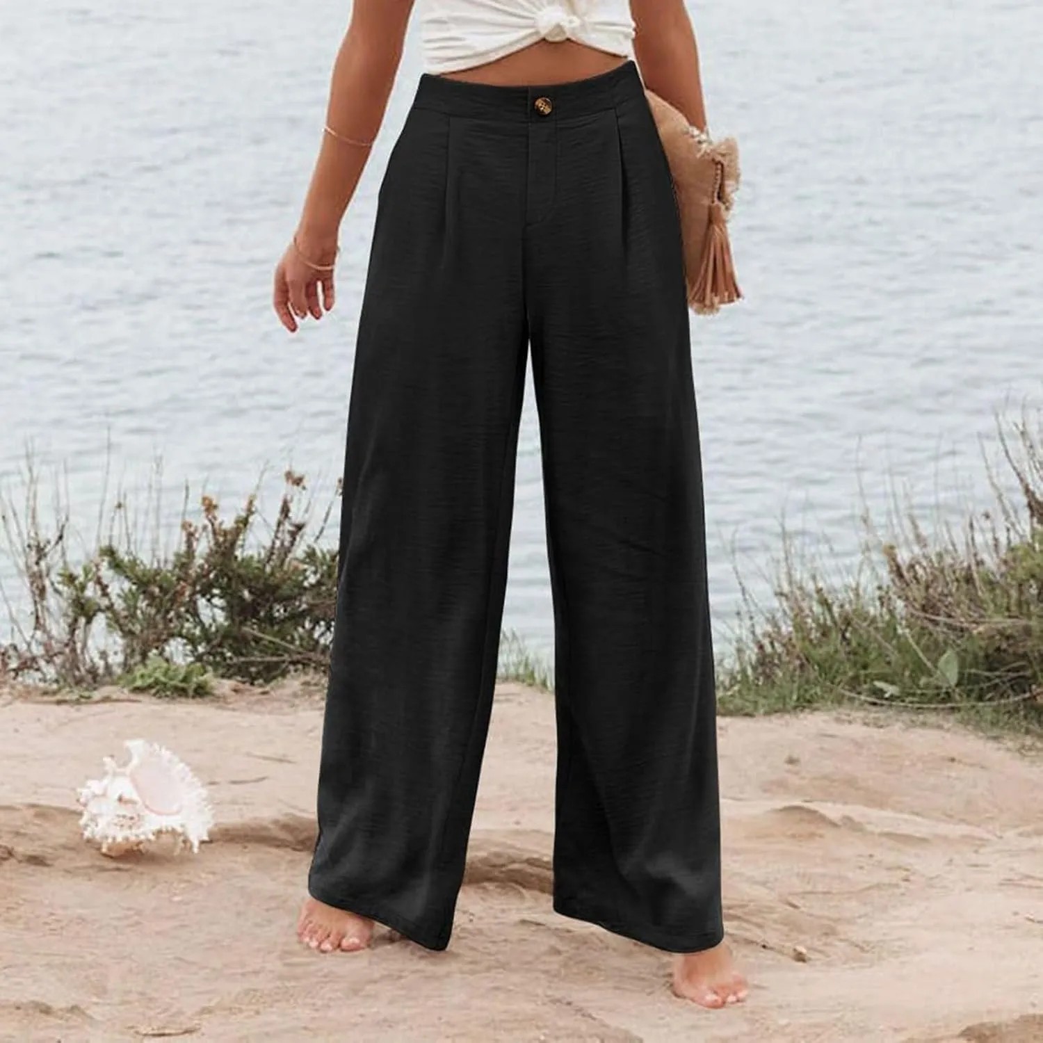 Linen Palazzo Pants for Women Casual Striped Linen Pants High Waisted Wide Leg Pants with Pockets Summer Beach Trousers