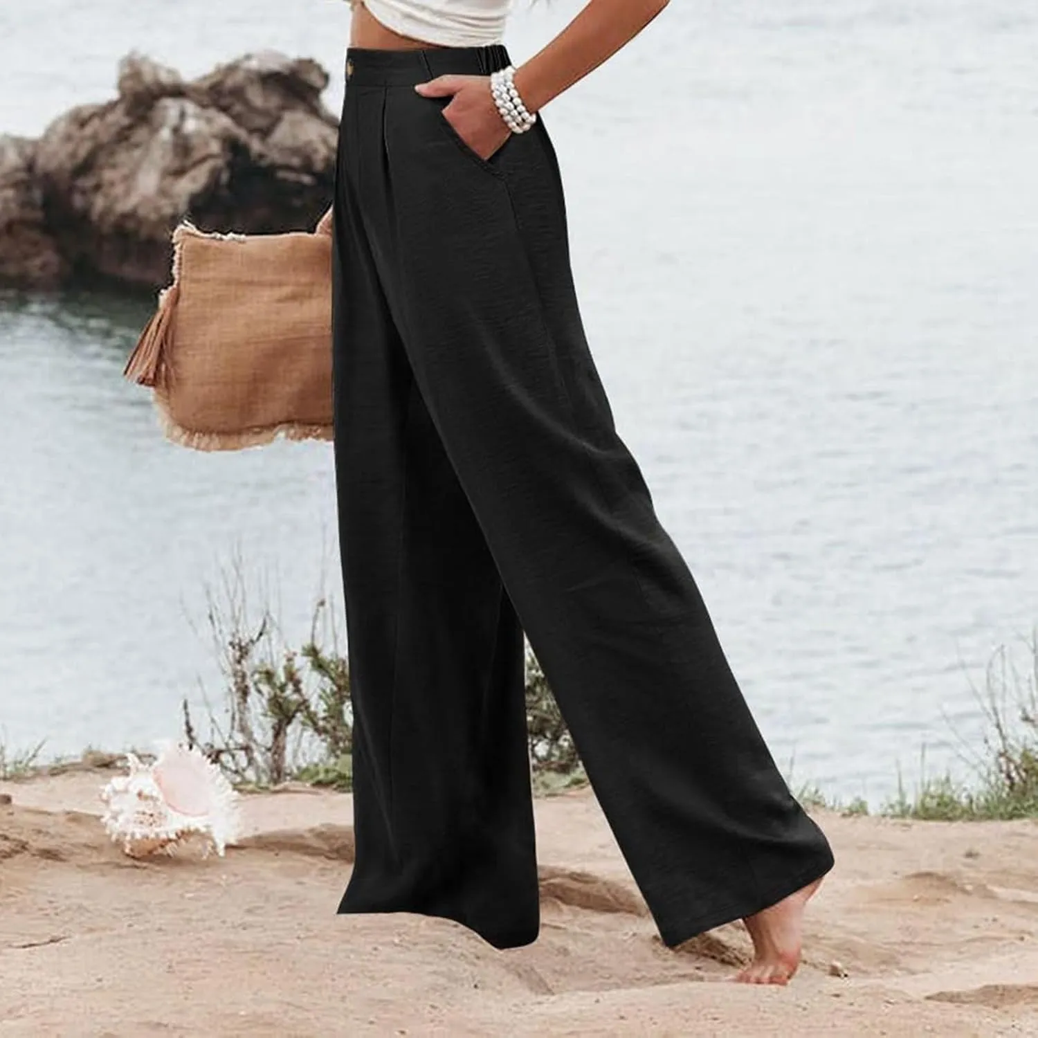Linen Palazzo Pants for Women Casual Striped Linen Pants High Waisted Wide Leg Pants with Pockets Summer Beach Trousers