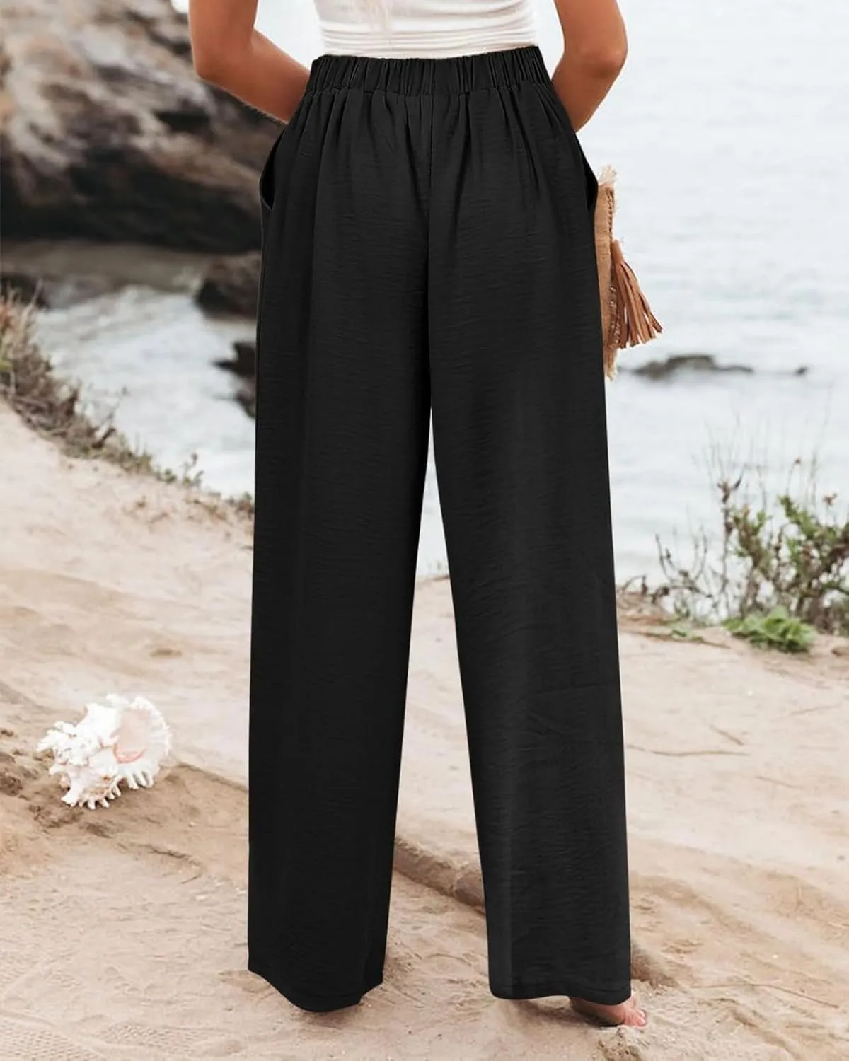 Linen Palazzo Pants for Women Casual Striped Linen Pants High Waisted Wide Leg Pants with Pockets Summer Beach Trousers