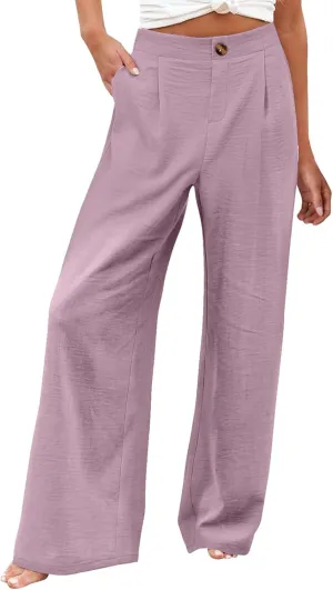 Linen Palazzo Pants for Women Casual Striped Linen Pants High Waisted Wide Leg Pants with Pockets Summer Beach Trousers