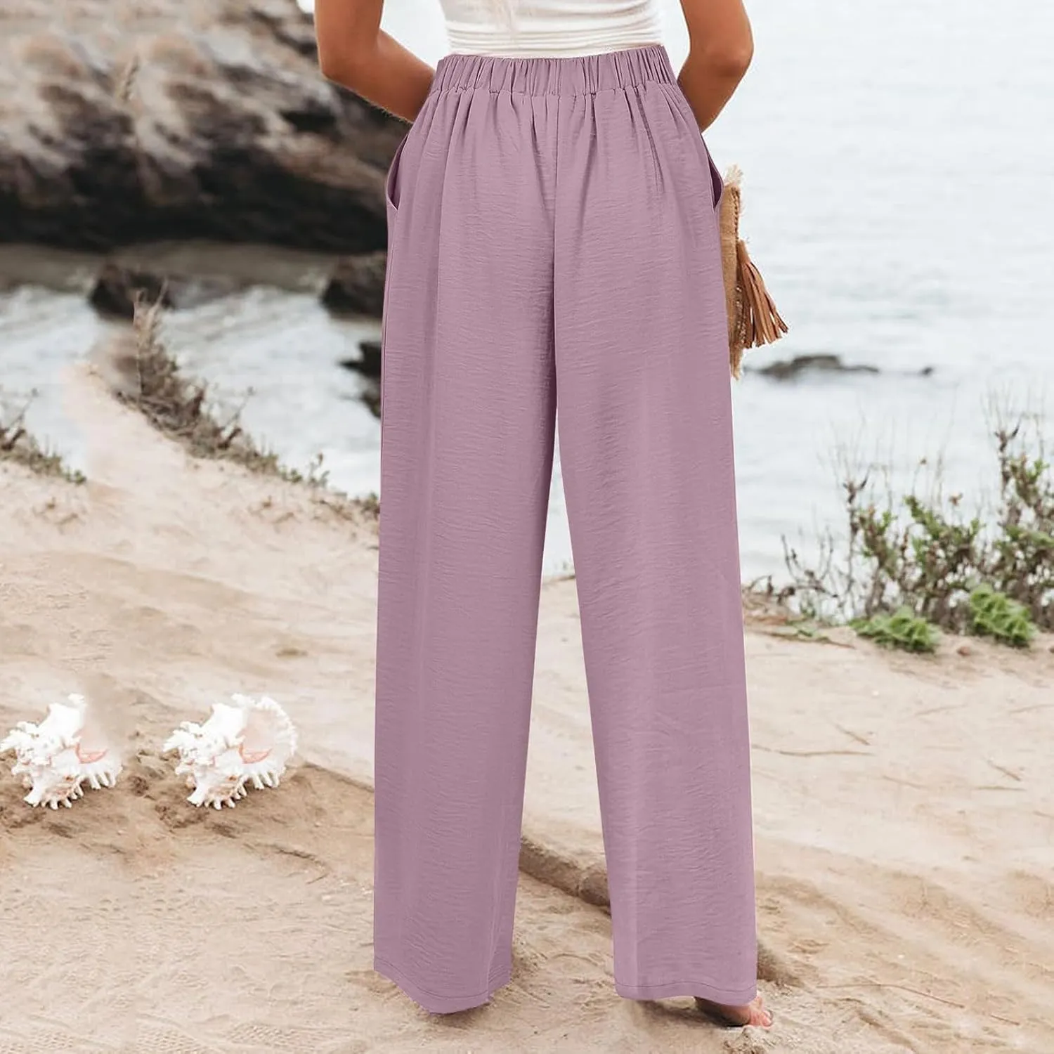 Linen Palazzo Pants for Women Casual Striped Linen Pants High Waisted Wide Leg Pants with Pockets Summer Beach Trousers