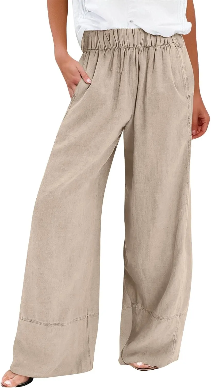Linen Pants Women Summer Wide Leg Casual Palazzo Elastic Waist Beach Pants Loose Lounge Trousers with Pockets