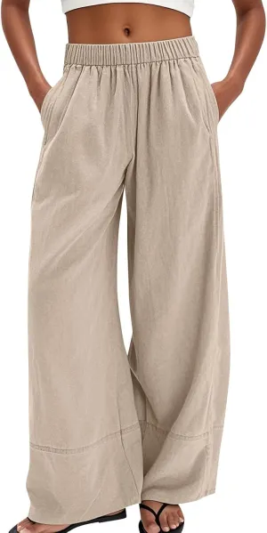Linen Pants Women Summer Wide Leg Casual Palazzo Elastic Waist Beach Pants Loose Lounge Trousers with Pockets