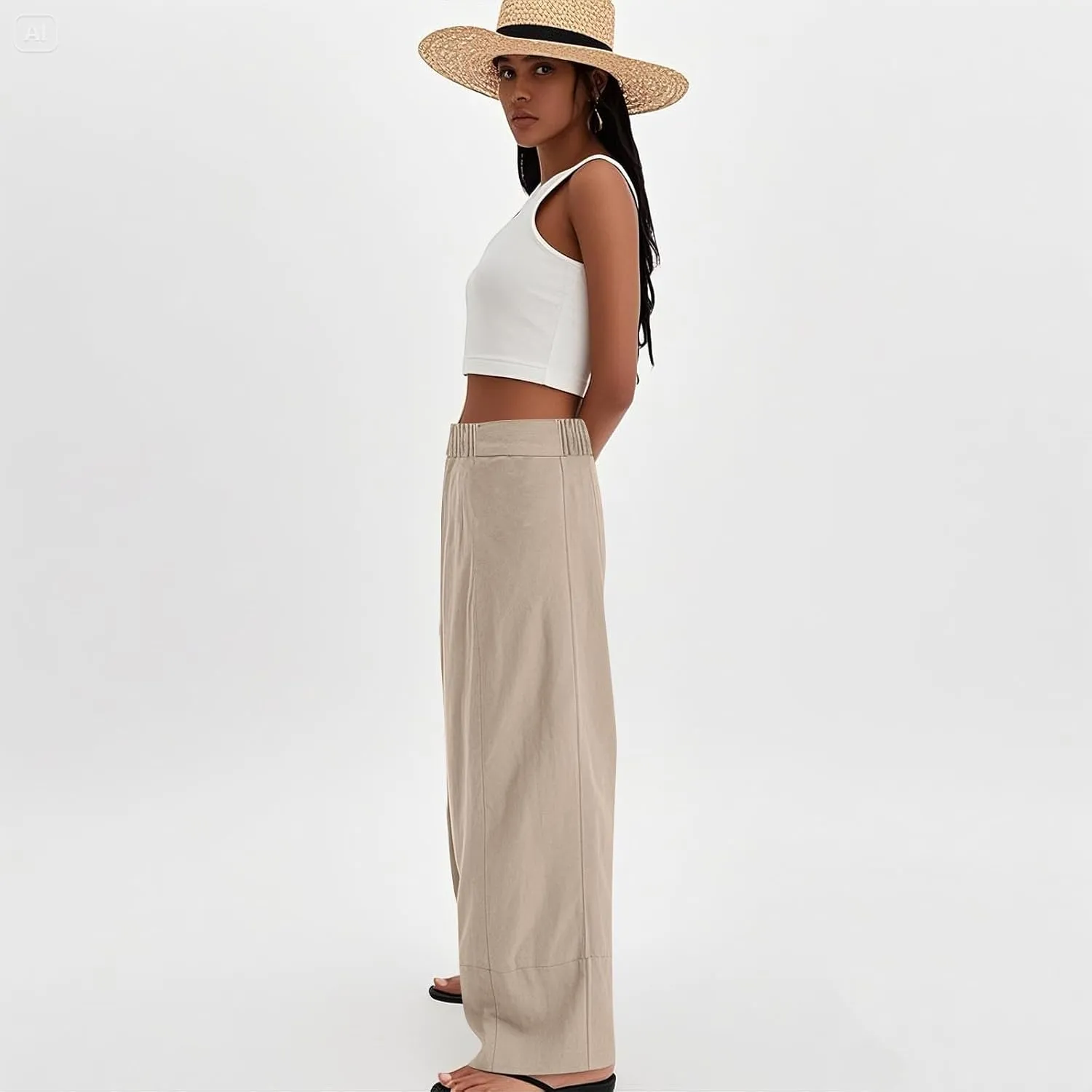 Linen Pants Women Summer Wide Leg Casual Palazzo Elastic Waist Beach Pants Loose Lounge Trousers with Pockets