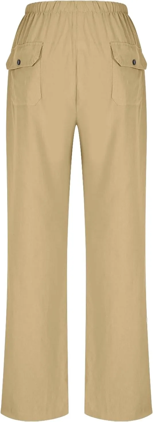 Lmdudan Plus Size Women Linen Pants Wide Leg Palazzo Pant Cotton Linen Drawstring Summer Lightweight Trousers with Pockets