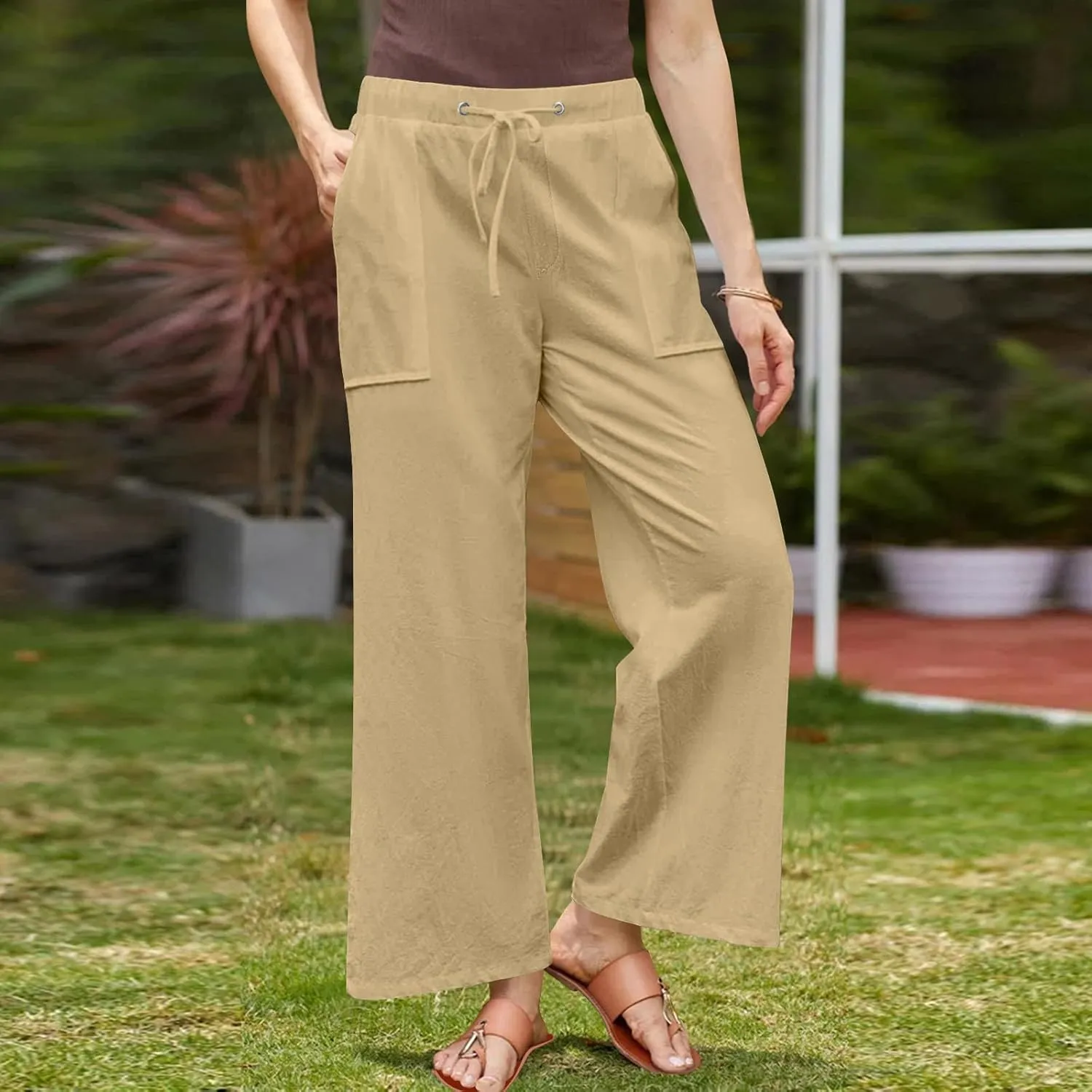 Lmdudan Plus Size Women Linen Pants Wide Leg Palazzo Pant Cotton Linen Drawstring Summer Lightweight Trousers with Pockets
