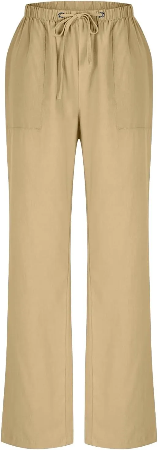 Lmdudan Plus Size Women Linen Pants Wide Leg Palazzo Pant Cotton Linen Drawstring Summer Lightweight Trousers with Pockets