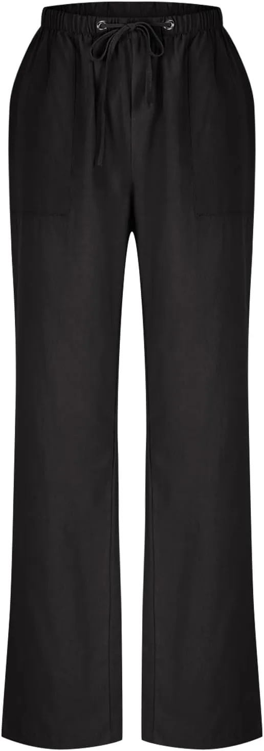Lmdudan Plus Size Women Linen Pants Wide Leg Palazzo Pant Cotton Linen Drawstring Summer Lightweight Trousers with Pockets