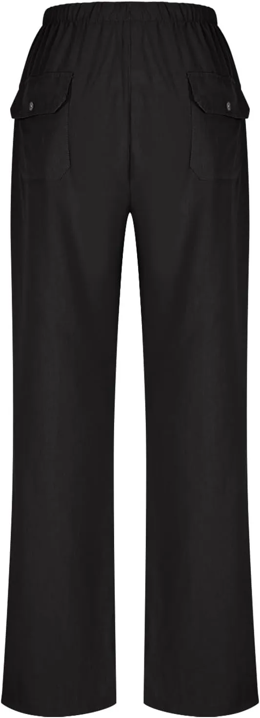 Lmdudan Plus Size Women Linen Pants Wide Leg Palazzo Pant Cotton Linen Drawstring Summer Lightweight Trousers with Pockets