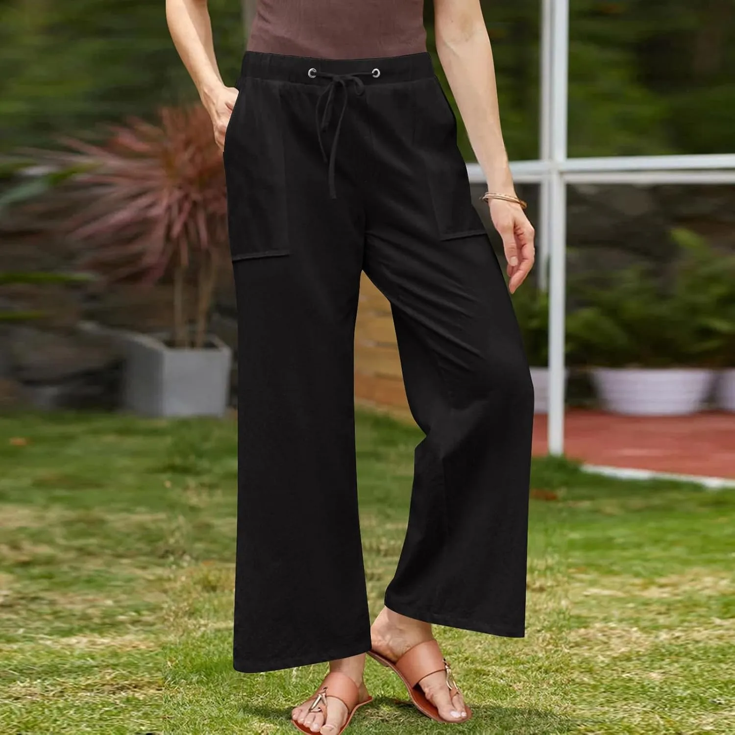 Lmdudan Plus Size Women Linen Pants Wide Leg Palazzo Pant Cotton Linen Drawstring Summer Lightweight Trousers with Pockets