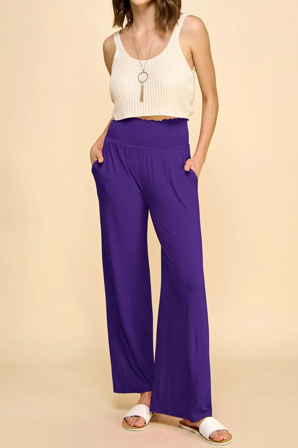 Made By Johnny Women's Elastic High Waisted Palazzo Pants Casual Wide Leg Long Lounge Pant Trousers with Pocket