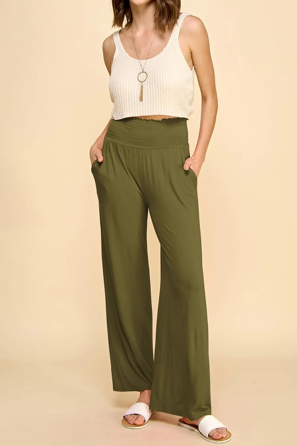 Made By Johnny Women's Elastic High Waisted Palazzo Pants Casual Wide Leg Long Lounge Pant Trousers with Pocket