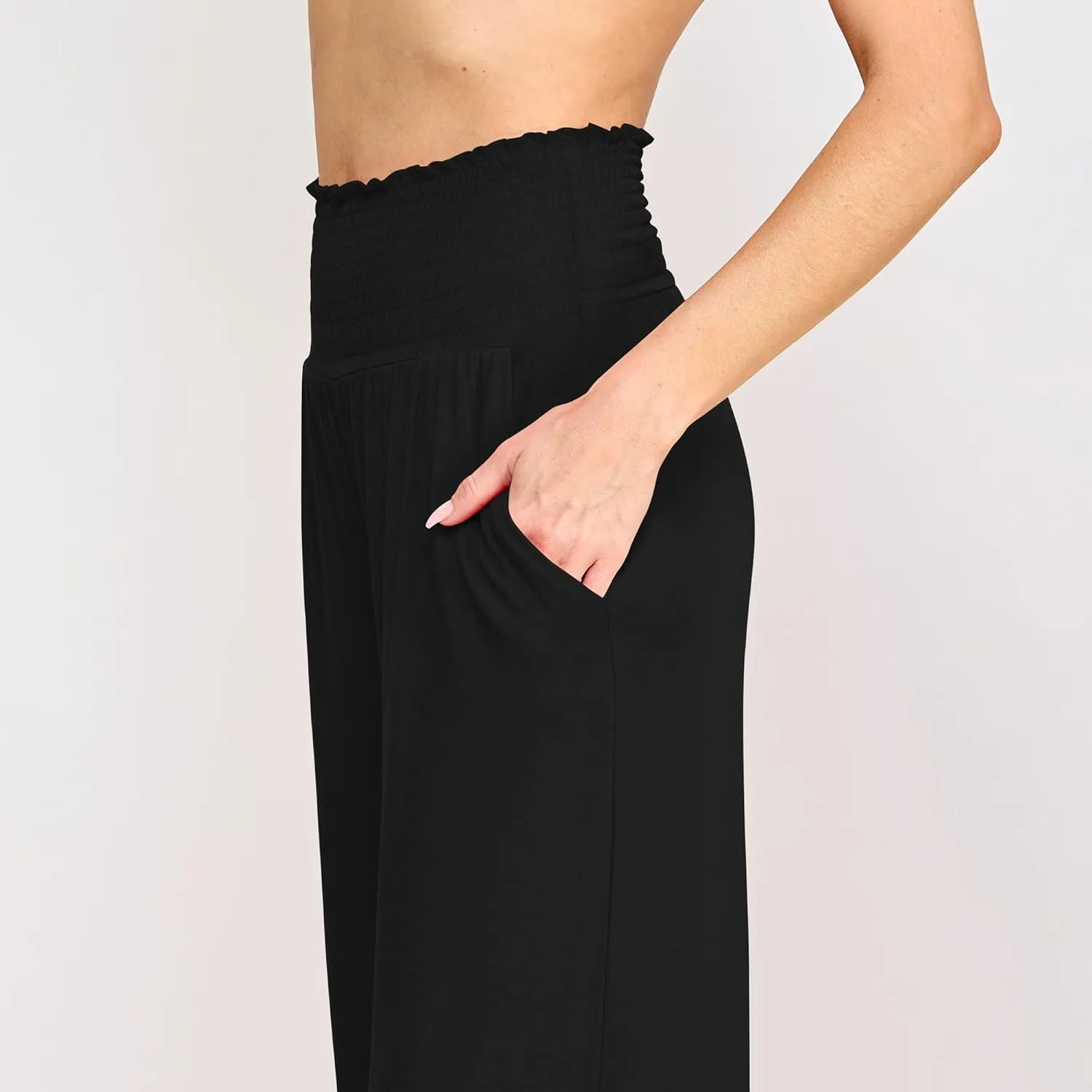Made By Johnny Women's Elastic High Waisted Palazzo Pants Casual Wide Leg Long Lounge Pant Trousers with Pocket