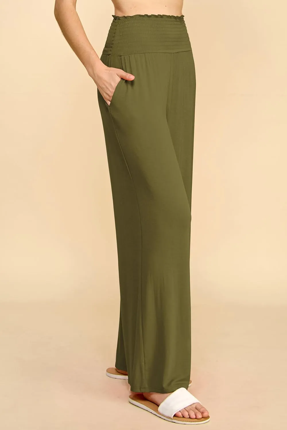 Made By Johnny Women's Elastic High Waisted Palazzo Pants Casual Wide Leg Long Lounge Pant Trousers with Pocket