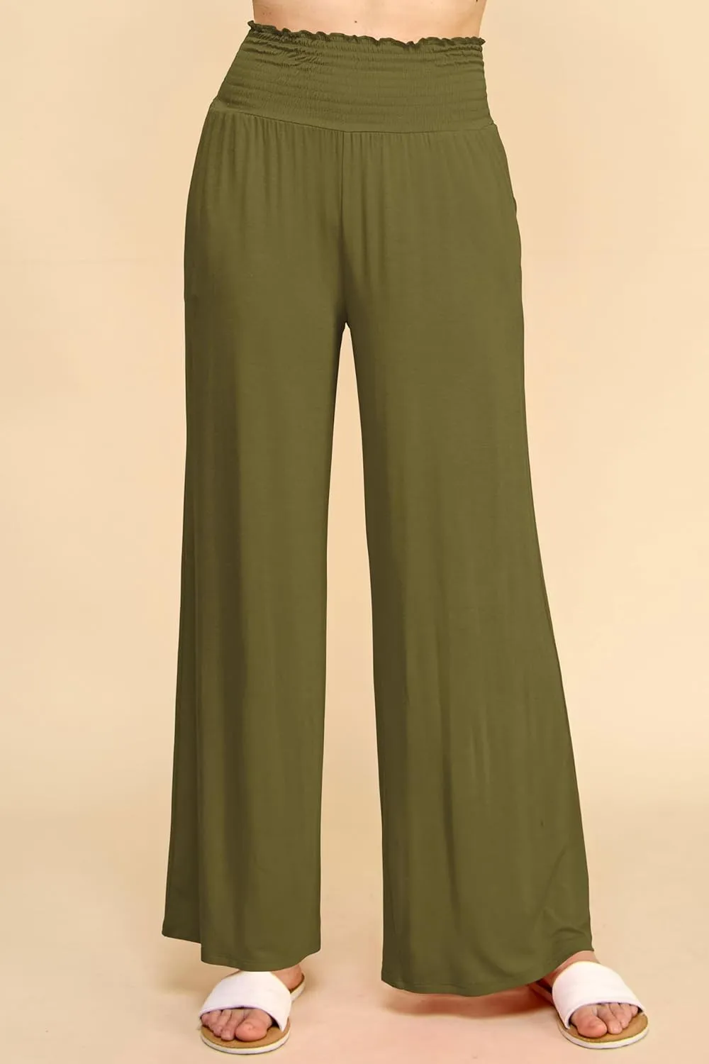 Made By Johnny Women's Elastic High Waisted Palazzo Pants Casual Wide Leg Long Lounge Pant Trousers with Pocket