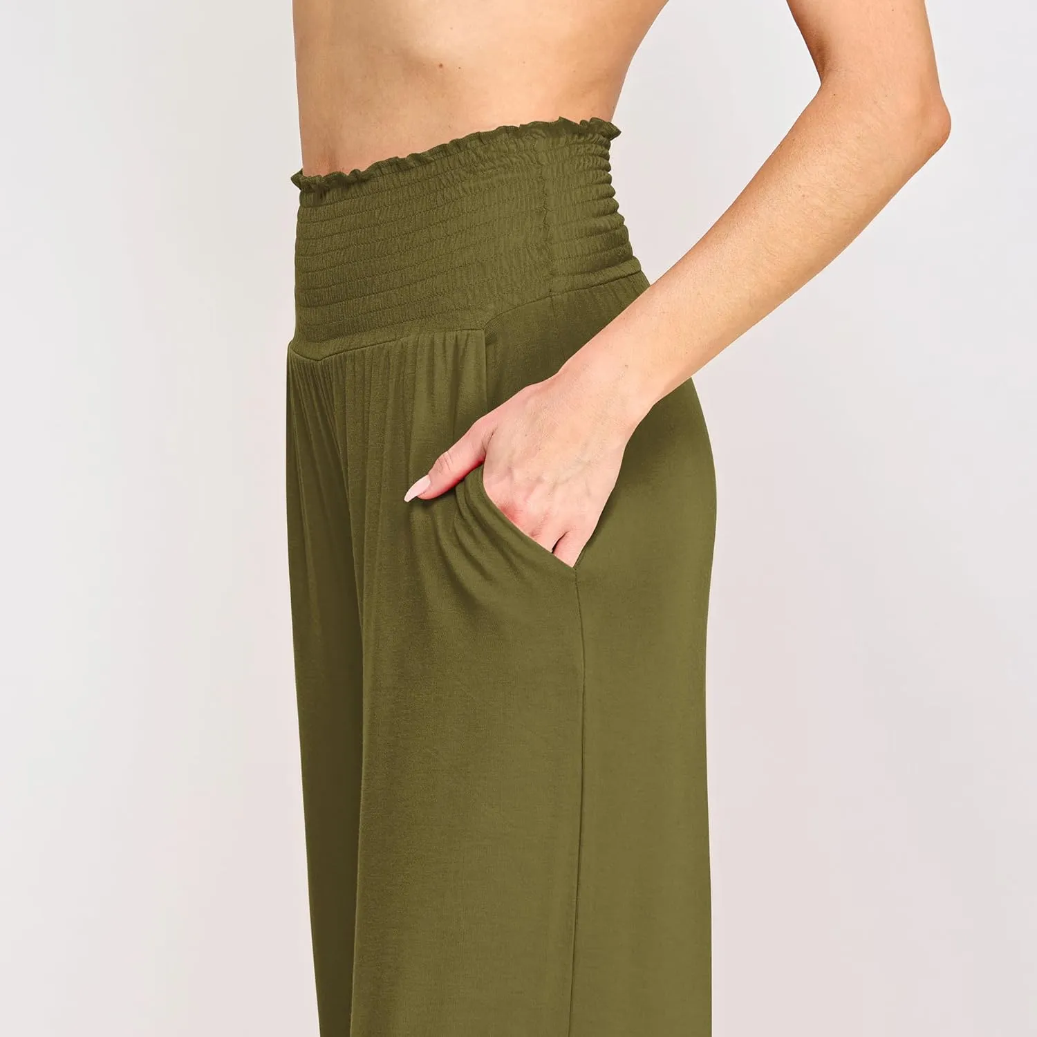 Made By Johnny Women's Elastic High Waisted Palazzo Pants Casual Wide Leg Long Lounge Pant Trousers with Pocket