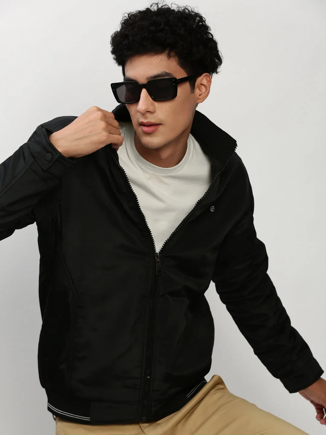 Men Black Mock Collar Bomber Jacket