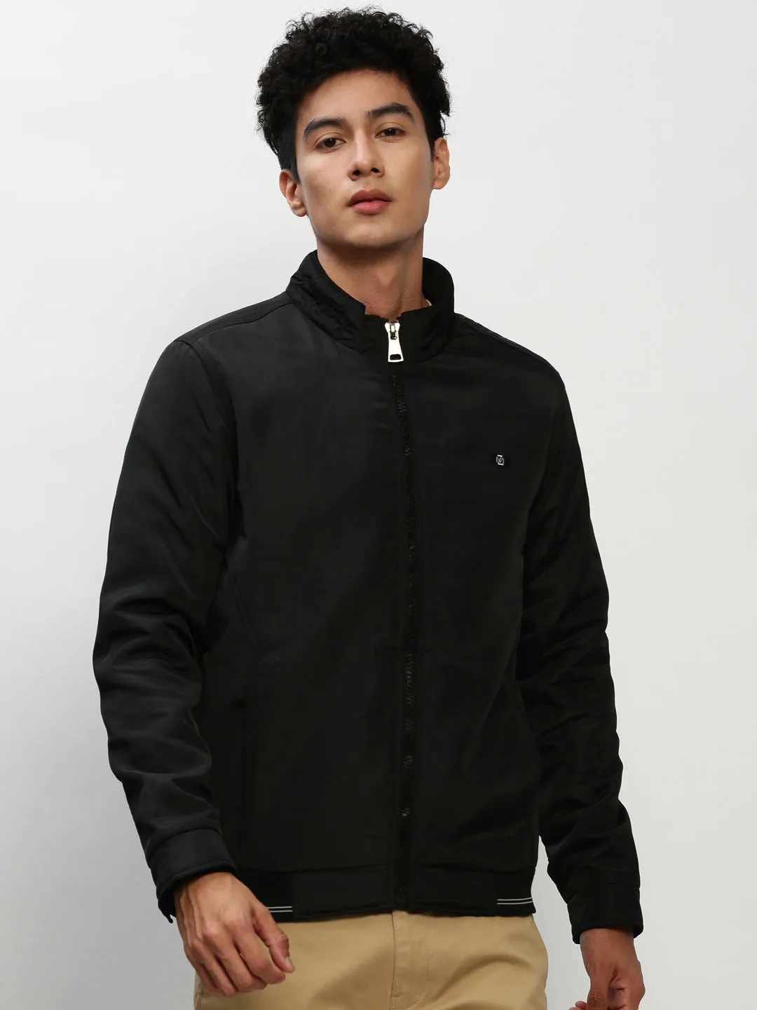 Men Black Mock Collar Bomber Jacket