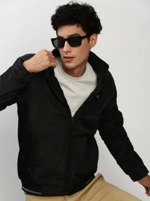 Men Black Mock Collar Bomber Jacket