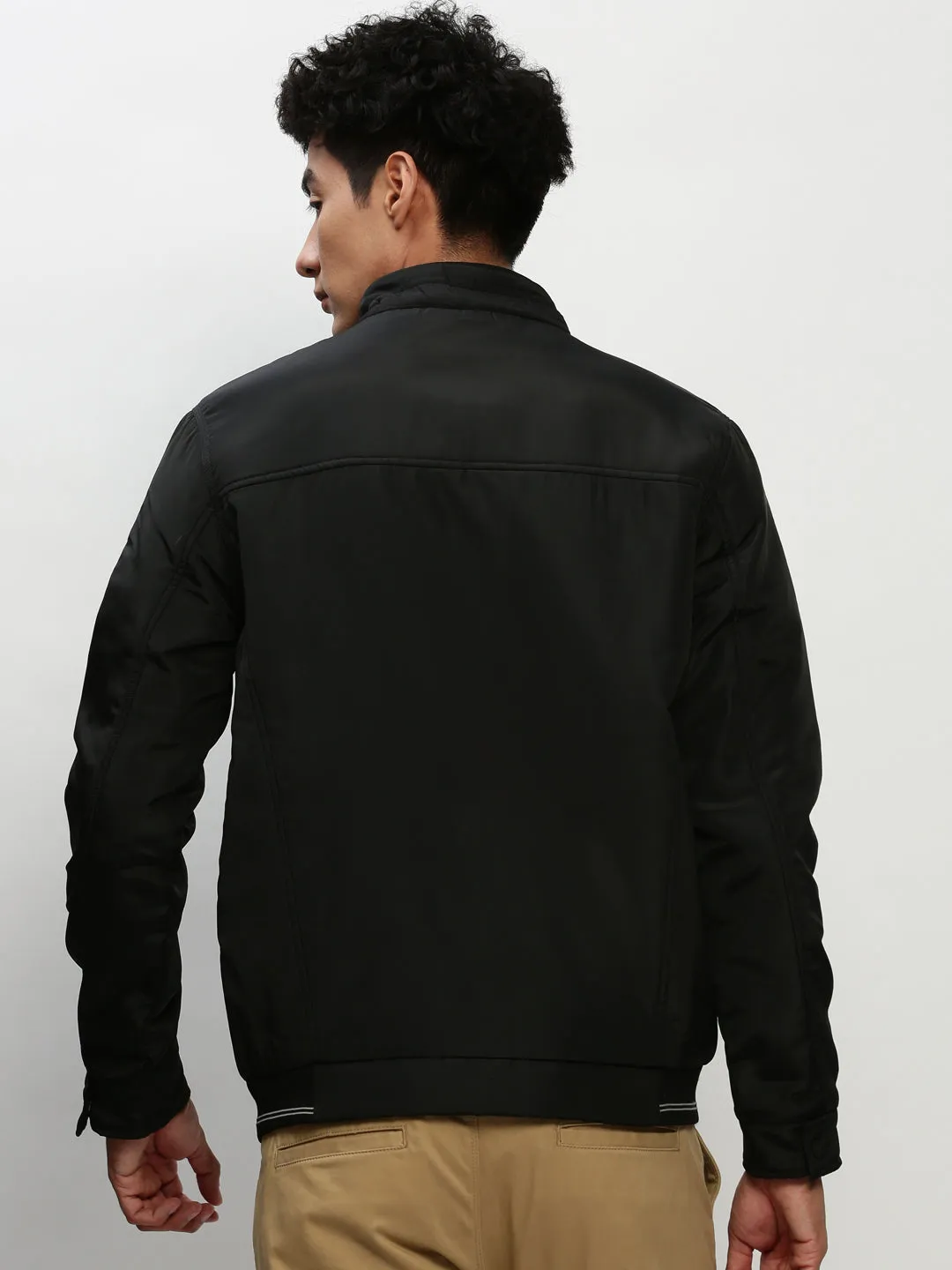Men Black Mock Collar Bomber Jacket