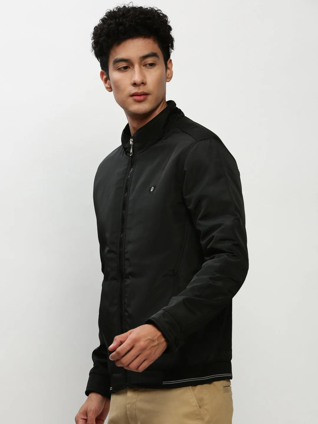 Men Black Mock Collar Bomber Jacket