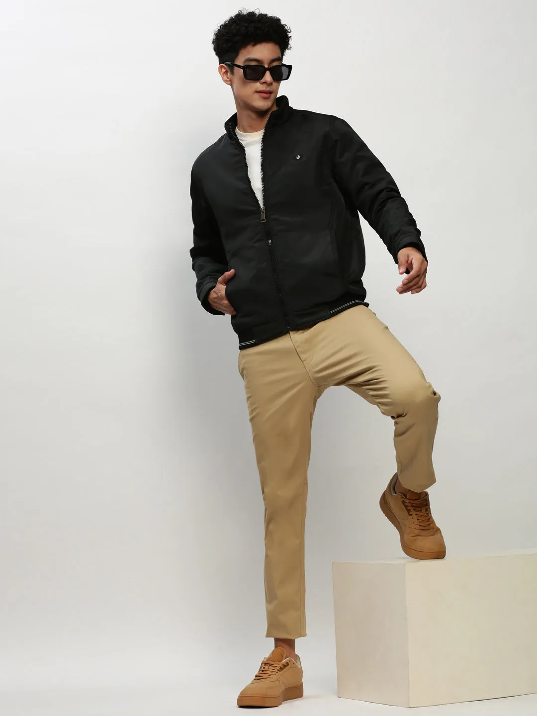 Men Black Mock Collar Bomber Jacket