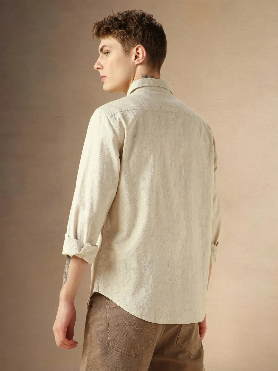 Men's Beige Cotton Spread Collar Full Sleeves Solid Shirt