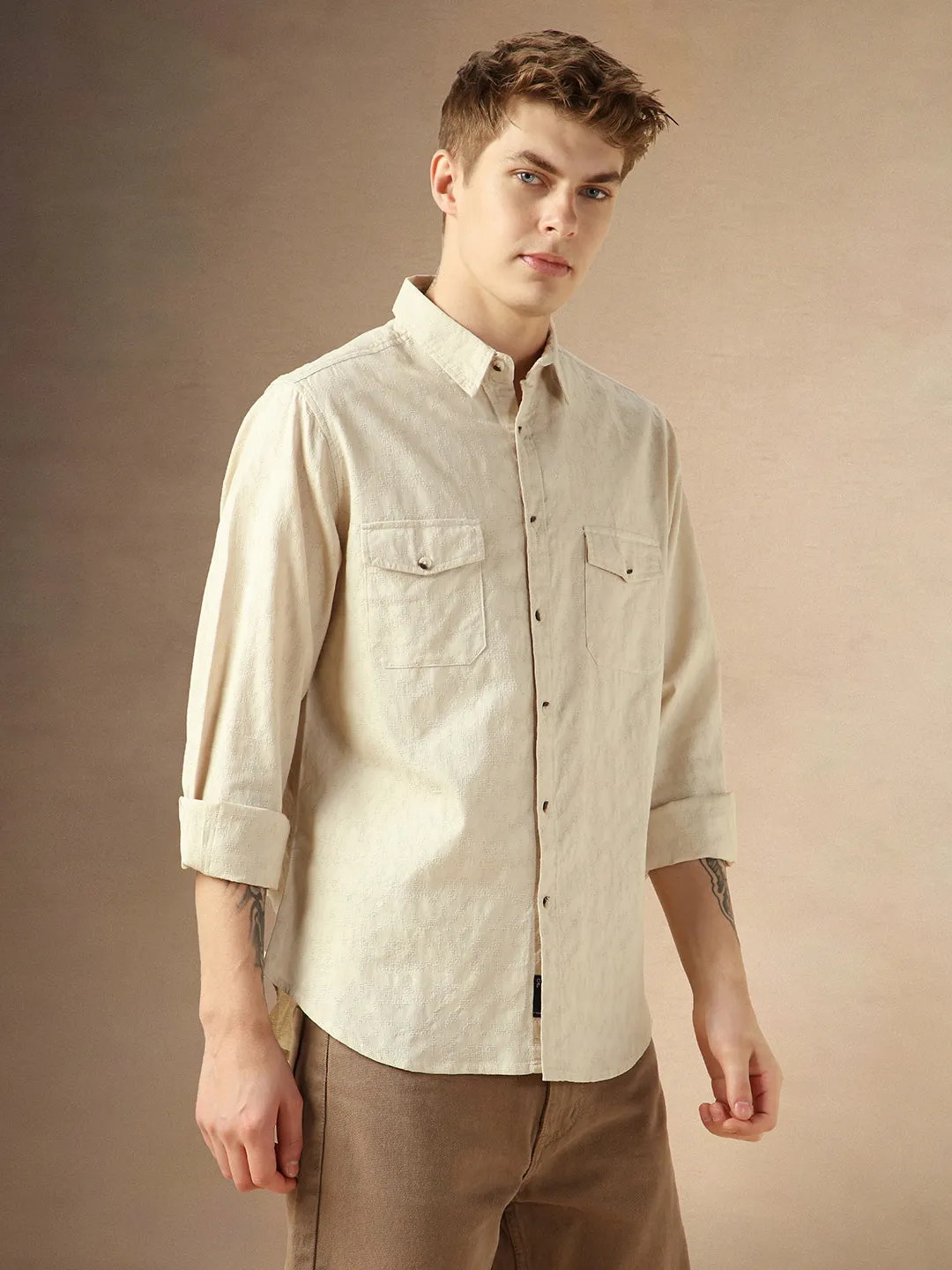 Men's Beige Cotton Spread Collar Full Sleeves Solid Shirt