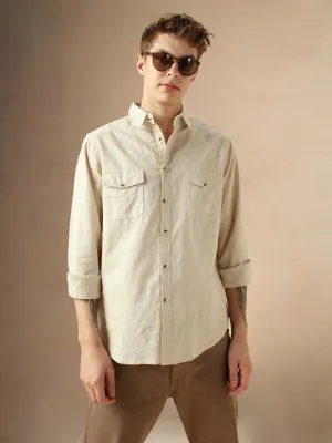 Men's Beige Cotton Spread Collar Full Sleeves Solid Shirt