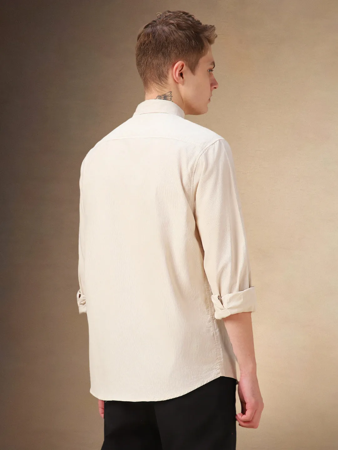 Men's Beige Solid Button Down Collar Full Sleeves Relaxed fit Corduroy Shirt