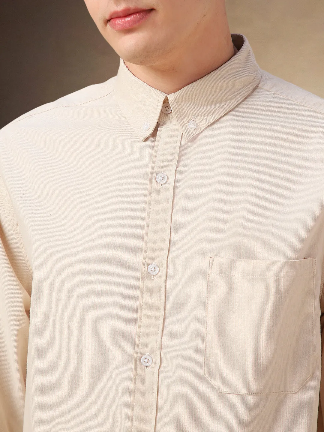 Men's Beige Solid Button Down Collar Full Sleeves Relaxed fit Corduroy Shirt
