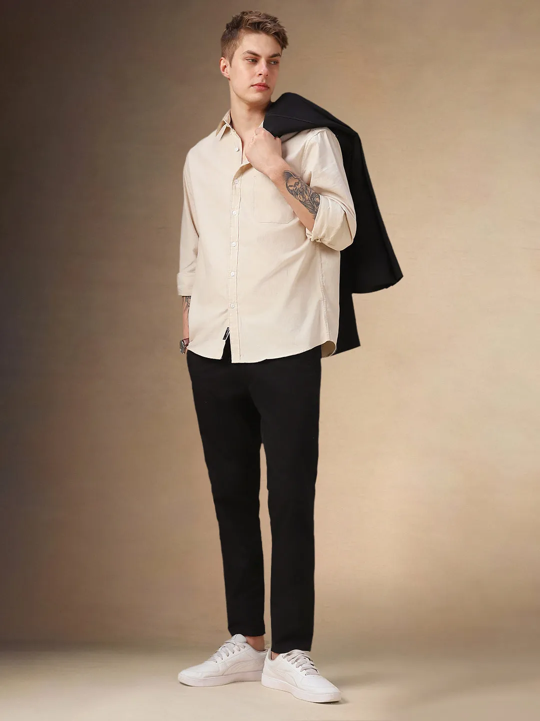 Men's Beige Solid Button Down Collar Full Sleeves Relaxed fit Corduroy Shirt