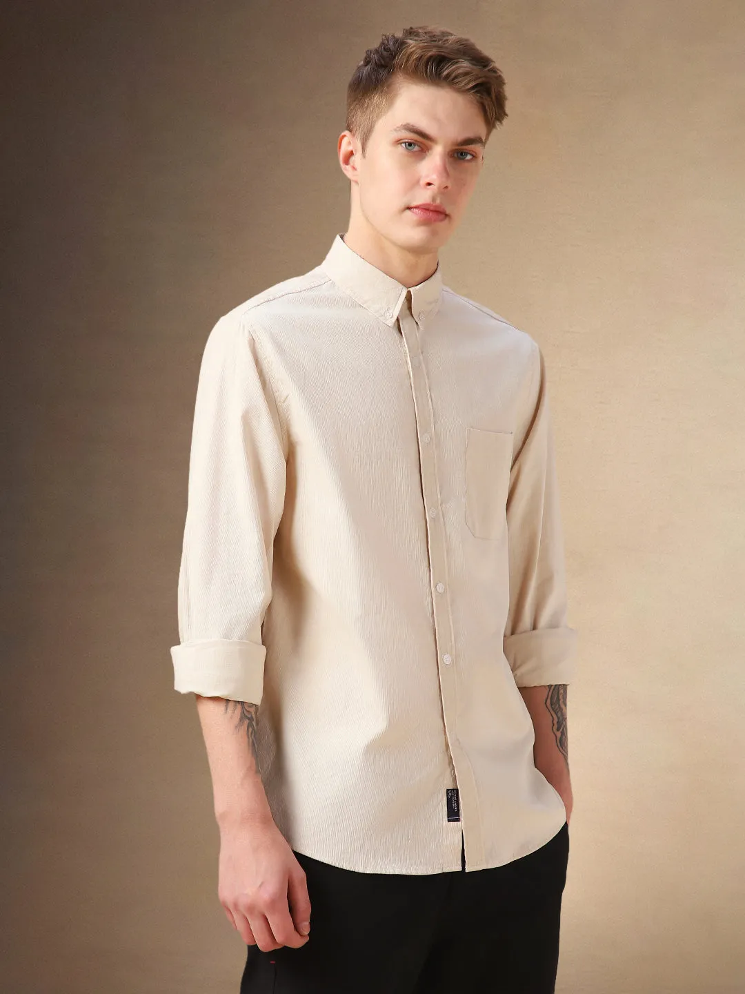 Men's Beige Solid Button Down Collar Full Sleeves Relaxed fit Corduroy Shirt