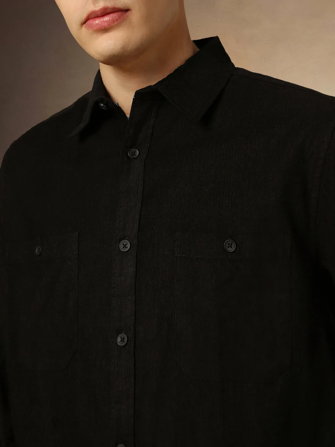 Men's Black Solid Button Down Collar Full Sleeves Relaxed Fit Corduroy Shirt