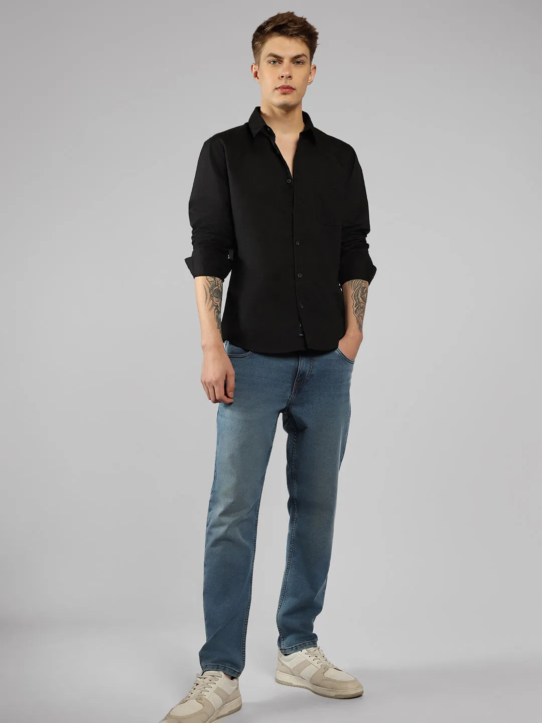 Men's Black Solid Spread Collar Full Sleeve Regular Fit Shirt