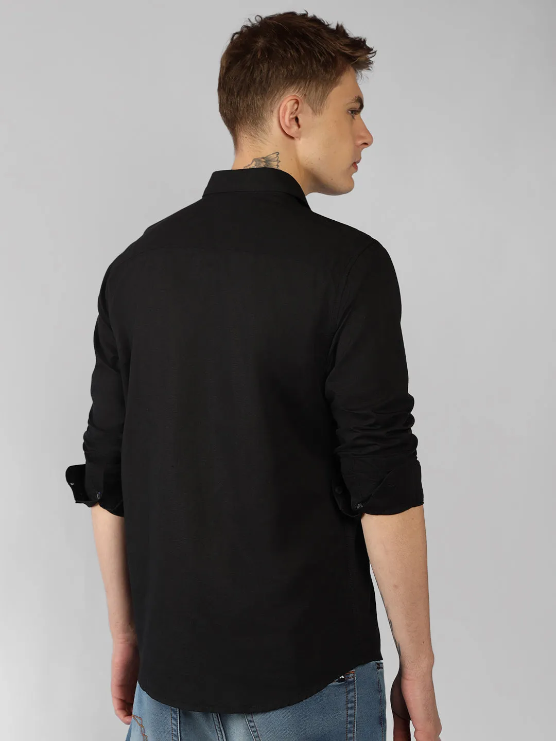 Men's Black Solid Spread Collar Full Sleeve Regular Fit Shirt