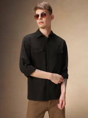 Men's Black Solid Textured Spread Collar Full Sleeves Casual Shirt