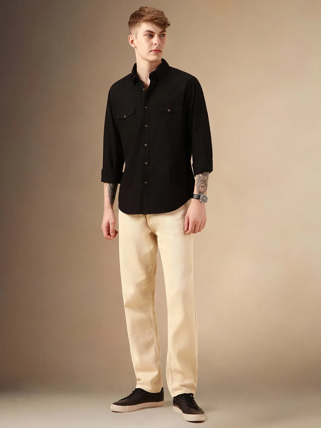 Men's Black Textured Spread Collar Full Sleeves 100% Cotton Casual Shirt