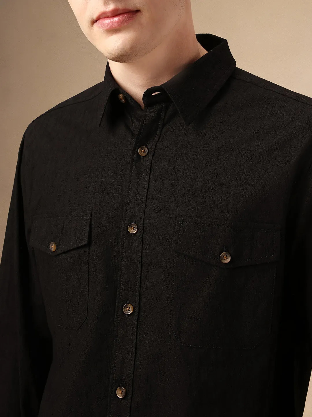 Men's Black Textured Spread Collar Full Sleeves 100% Cotton Casual Shirt