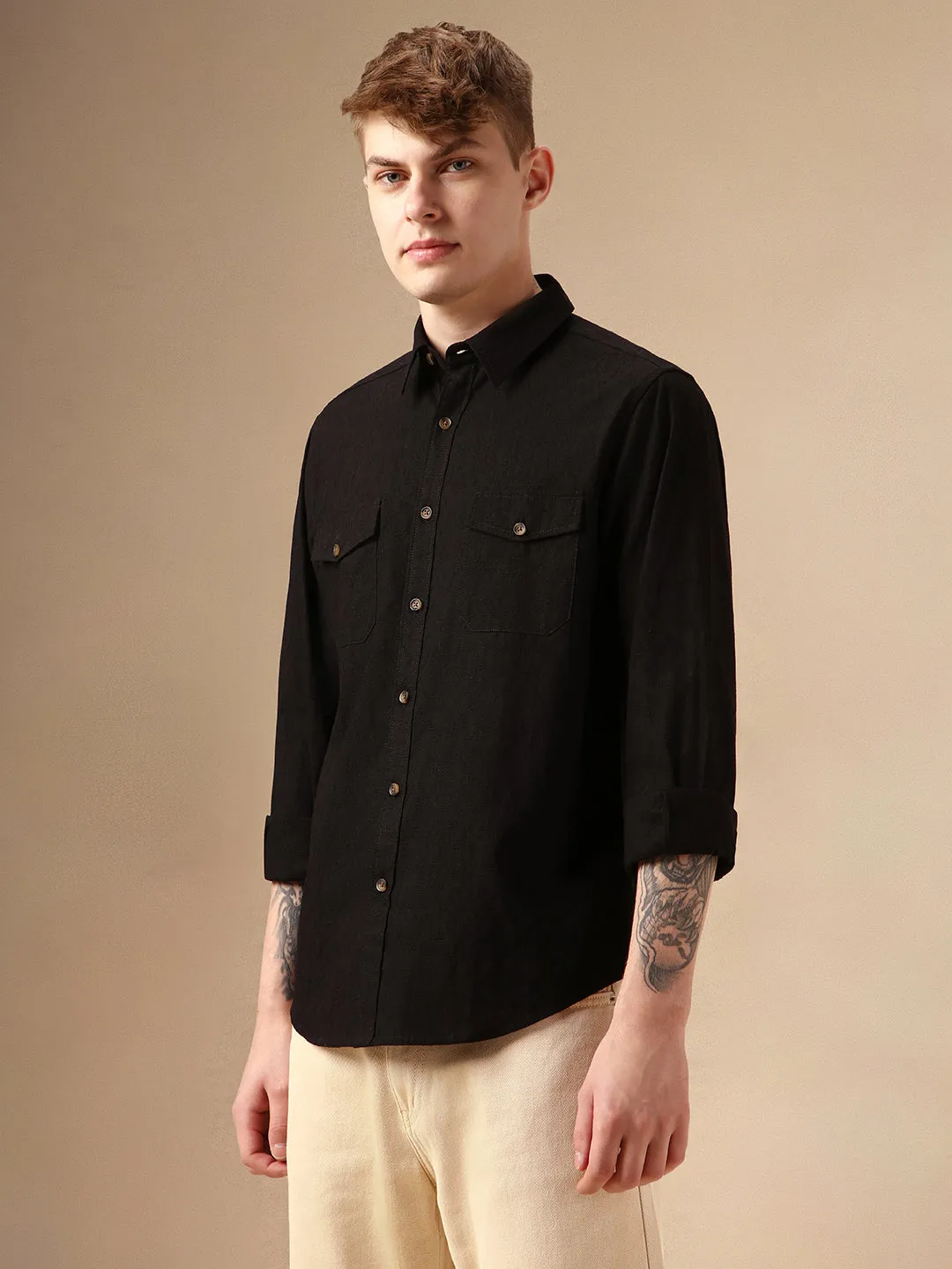 Men's Black Textured Spread Collar Full Sleeves 100% Cotton Casual Shirt