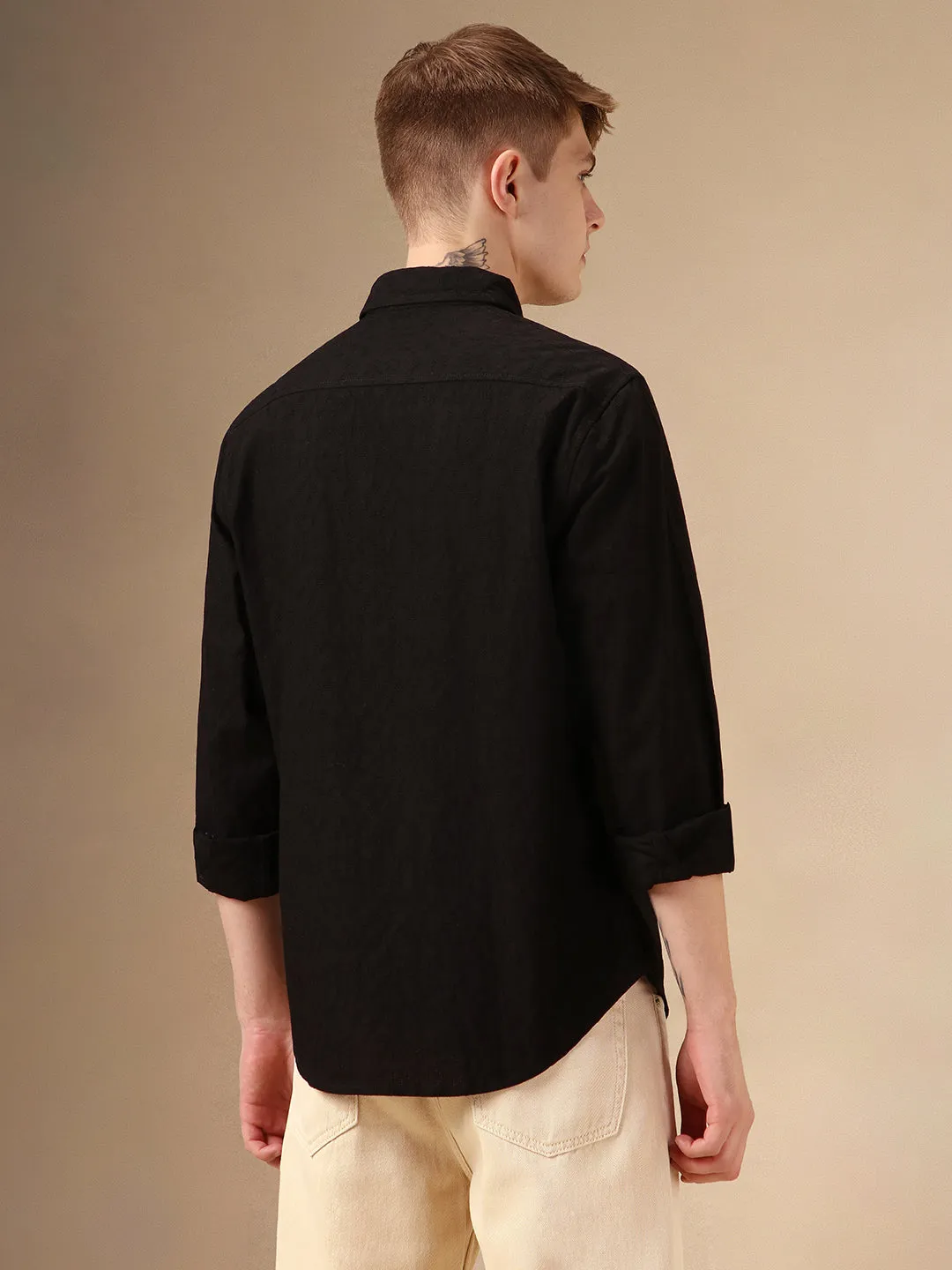 Men's Black Textured Spread Collar Full Sleeves 100% Cotton Casual Shirt
