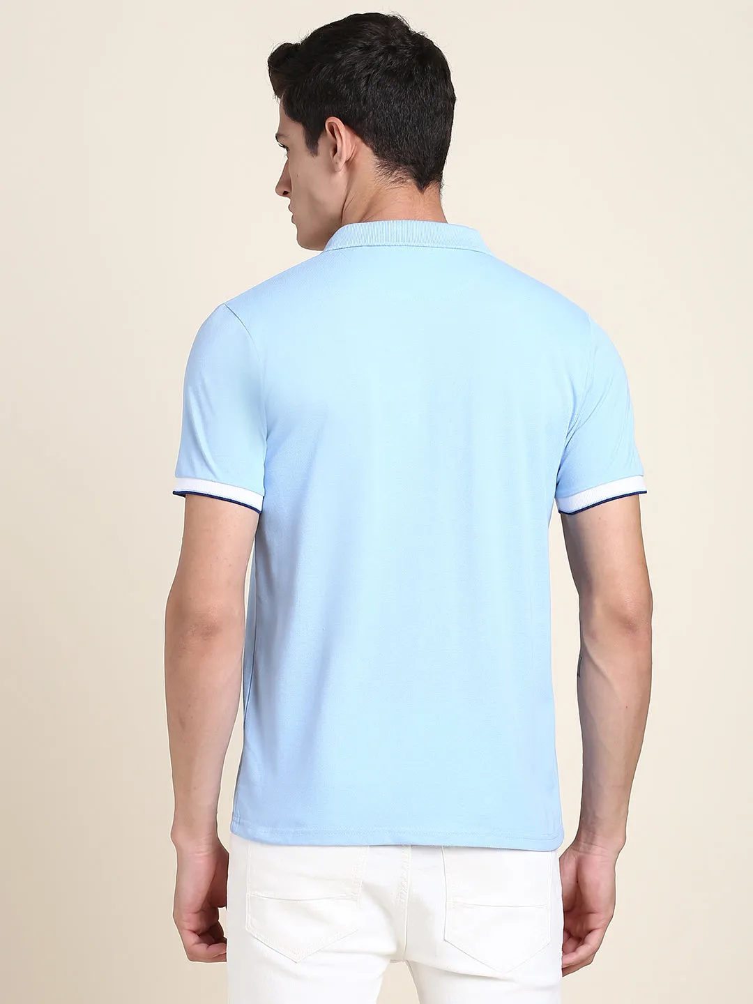 Men's Blue Solid Polo Collar T-Shirt