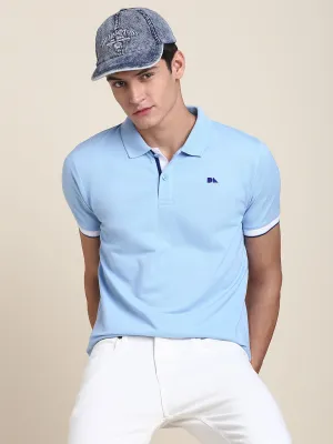 Men's Blue Solid Polo Collar T-Shirt