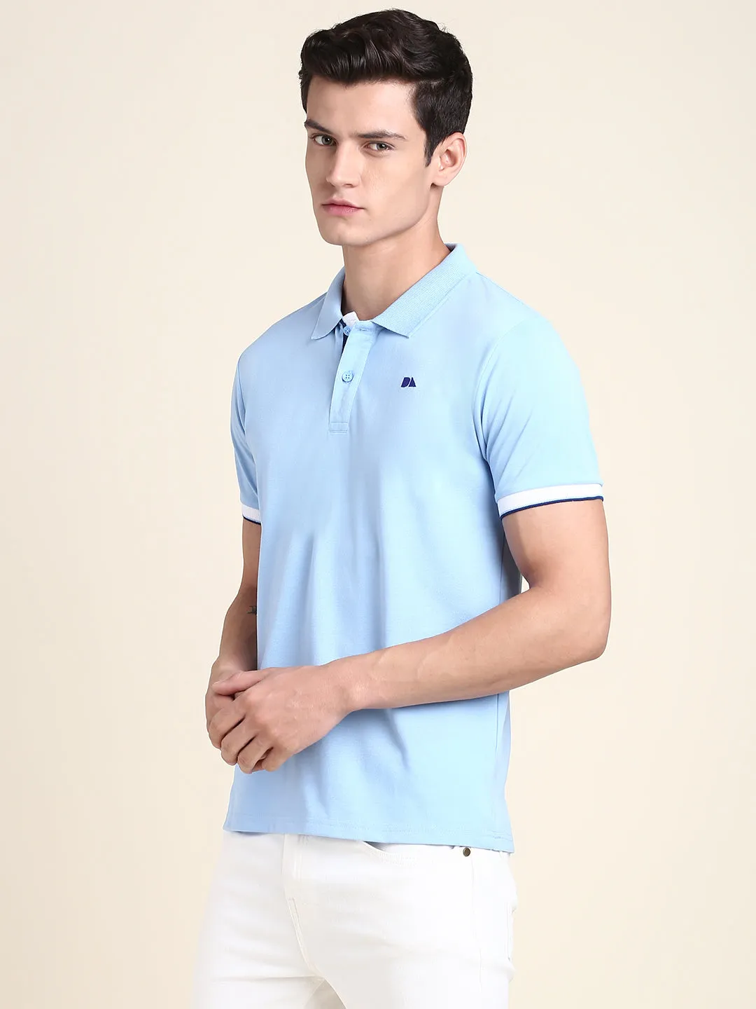 Men's Blue Solid Polo Collar T-Shirt