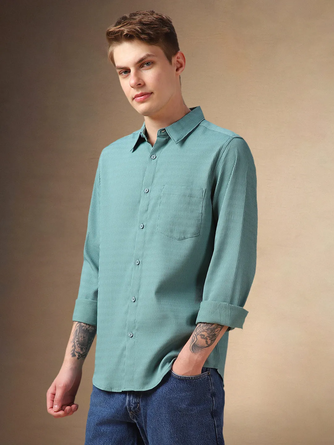 Men's Blue Solid Textured Spread Collar Full Sleeves Shirt