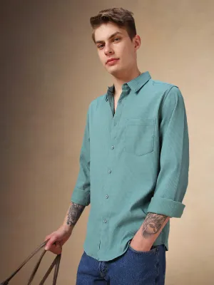 Men's Blue Solid Textured Spread Collar Full Sleeves Shirt