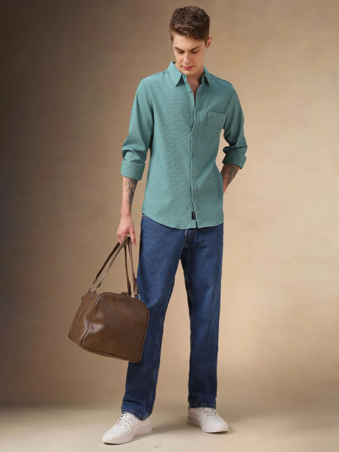 Men's Blue Solid Textured Spread Collar Full Sleeves Shirt