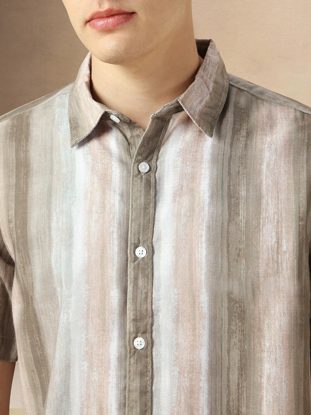 Men's Brown Cotton Spread Collar Half Sleeves Printed Shirt