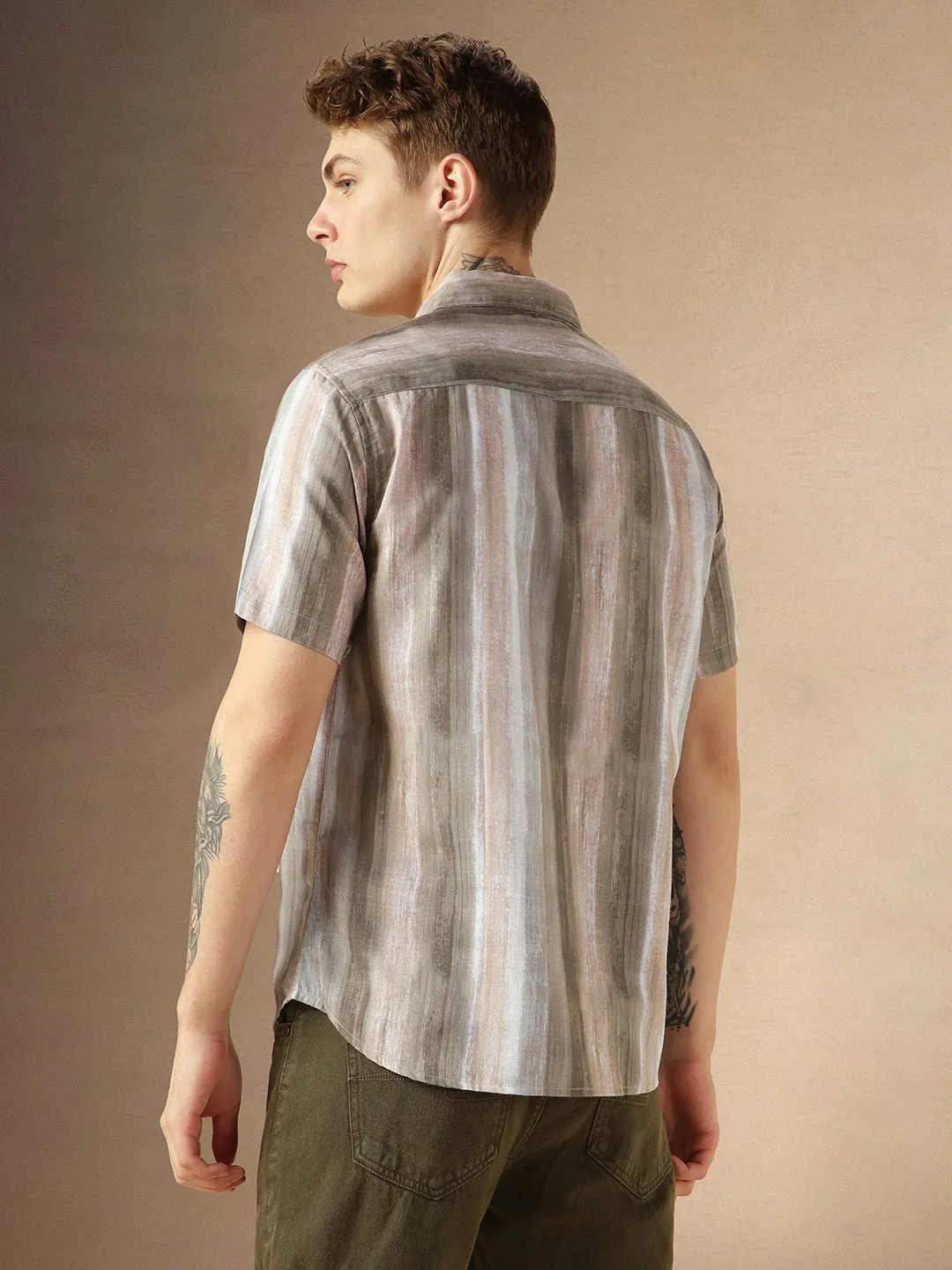 Men's Brown Cotton Spread Collar Half Sleeves Printed Shirt